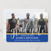 Modern Script Royal Blue & Gold 4 Foto Afstuderen Aankondiging (Voorkant)