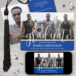 Modern Script Royal Blue & Gold 4 Foto Afstuderen Aankondiging