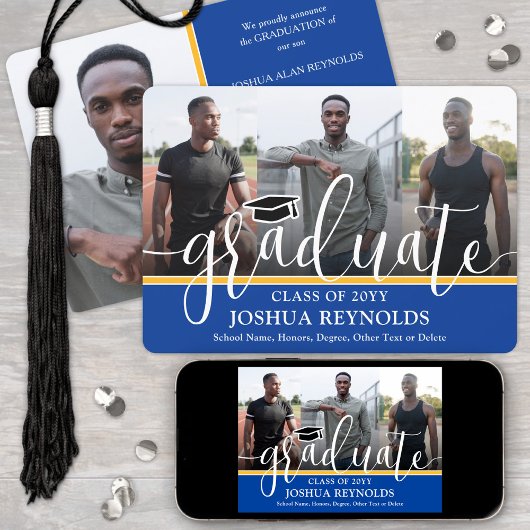 Modern Script Royal Blue & Gold 4 Foto Afstuderen Aankondiging