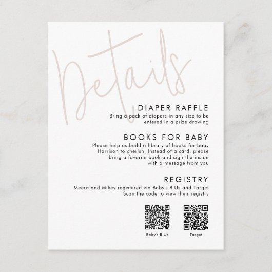Modern Script Roze Baby shower Details 2 QR Codes Informatiekaartje (Voorkant)