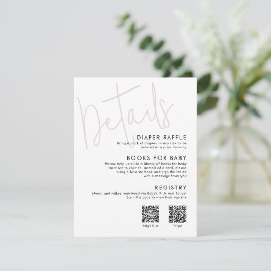 Modern Script Roze Baby shower Details 2 QR Codes Informatiekaartje (Staand voorkant)
