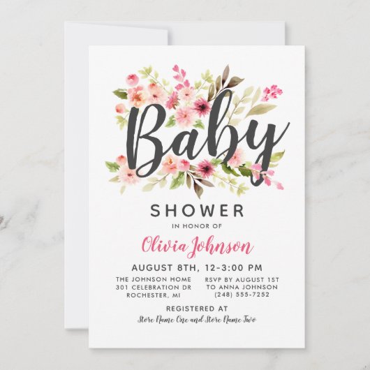 Modern Script Roze Bloemen Meisje Baby shower Kaart (Voorkant)
