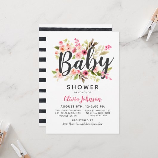 Modern Script Roze Bloemen Meisje Baby shower Kaart (Voorkant / Achterkant in situ)