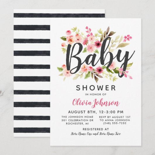 Modern Script Roze Bloemen Meisje Baby shower Kaart (Voorkant / Achterkant)