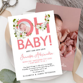 Modern Script Roze Bloemen Nieuwe Baby Aankondigin Kaart