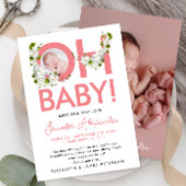 Modern Script Roze Bloemen Nieuwe Baby Aankondigin Kaart