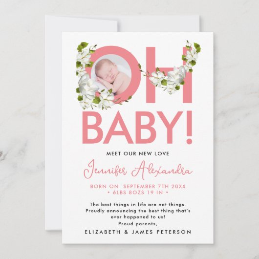 Modern Script Roze Bloemen Nieuwe Baby Aankondigin Kaart (Voorkant)