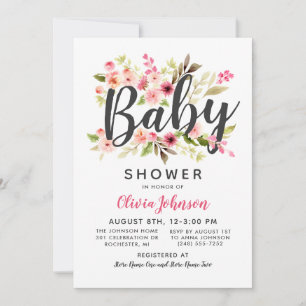 Modern Script Roze Floral Girl Baby shower Kaart