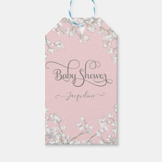 Modern Script Roze n Wit Bloemen Jongen Baby showe Cadeaulabel (Voorkant)