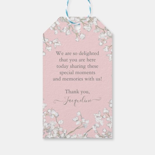 Modern Script Roze n Wit Bloemen Jongen Baby showe Cadeaulabel (Achterkant)