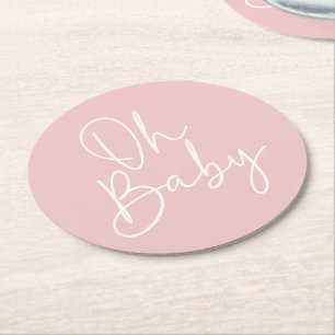 Modern Script Roze Oh Baby Eenvoudig Baby shower Ronde Kartonnen Onderzetter