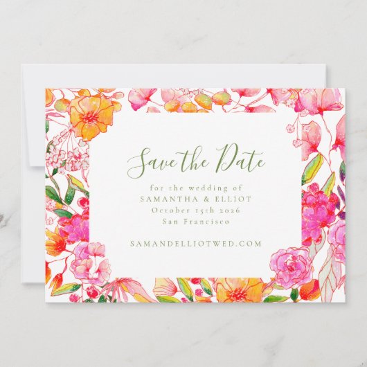 Modern script roze Oranje Flowers Wedding Save The Date (Voorkant)