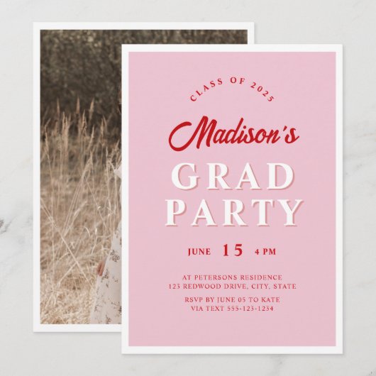 Modern Script Roze Rood Edgy Graduation Party Foto Kaart (Voorkant / Achterkant)