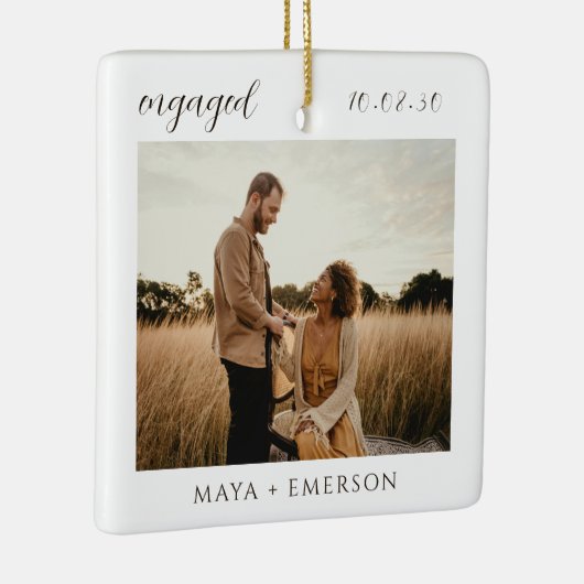 Modern Script Rustic Engagement Photo Keepsake Keramisch Ornament (Rechts)