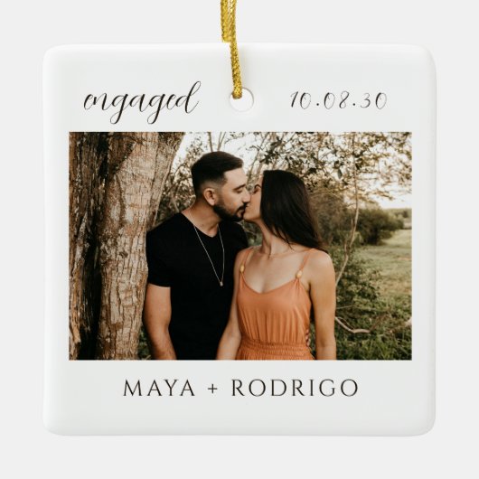 Modern Script Rustic Engagement Photo Keepsake  Keramisch Ornament (Voorkant)