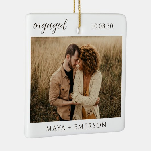 Modern Script Rustic Engagement Photo Keepsake Keramisch Ornament (Rechts)