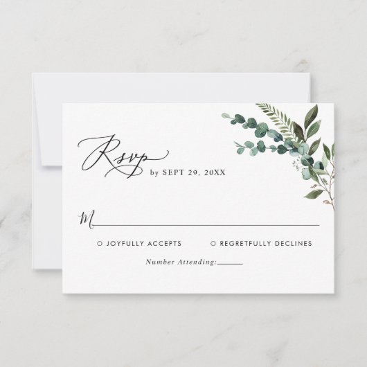 Modern Script Rustic Greenery Wedding RSVP Kaartje (Voorkant)