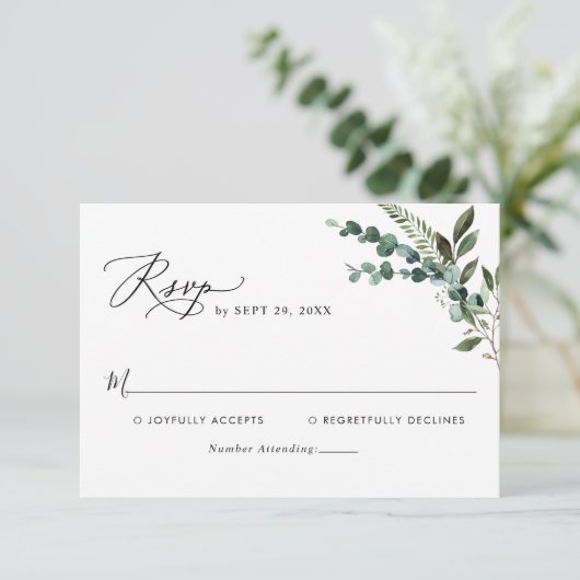 Modern Script Rustic Greenery Wedding RSVP Kaartje (Staand voorkant)