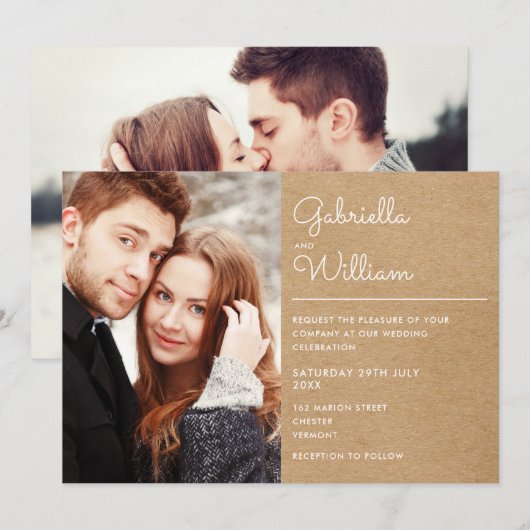 Modern Script Rustic Kraft 2 Foto Huwelijk Kaart (Voorkant / Achterkant)