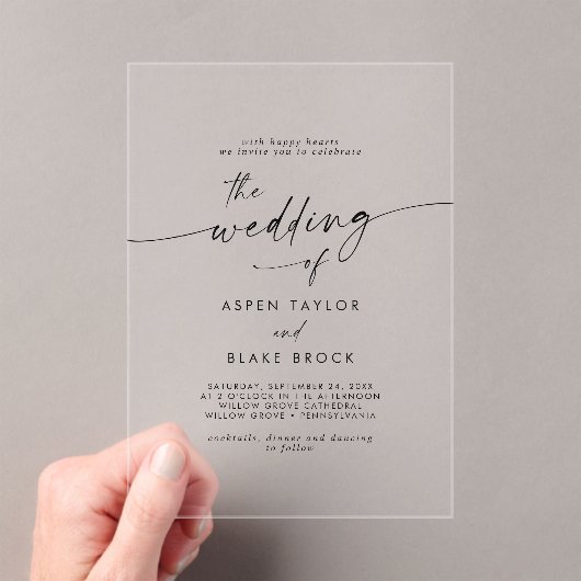 Modern Script Rustieke Boho Elegante Minimal Weddi Acryl Uitnodigingen (Insitu (Draagbaar))