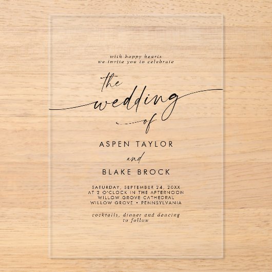 Modern Script Rustieke Boho Elegante Minimal Weddi Acryl Uitnodigingen (Voorkant)