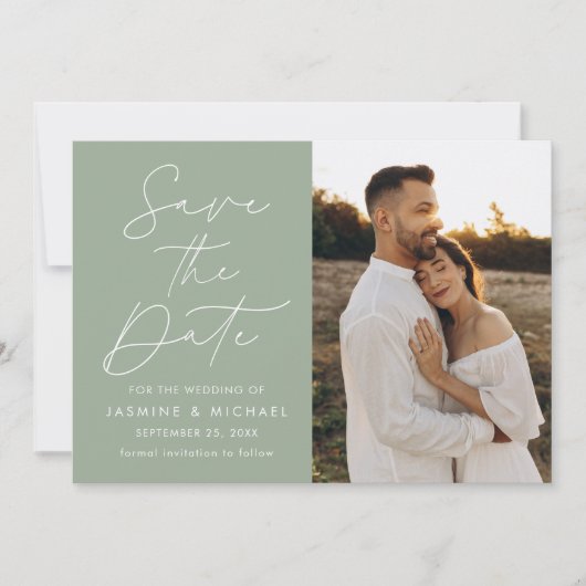 Modern Script Sage Green 2 Foto Save The Date (Voorkant)