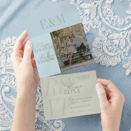 Modern Script Sage Green and Blue Wedding All In One Uitnodiging
