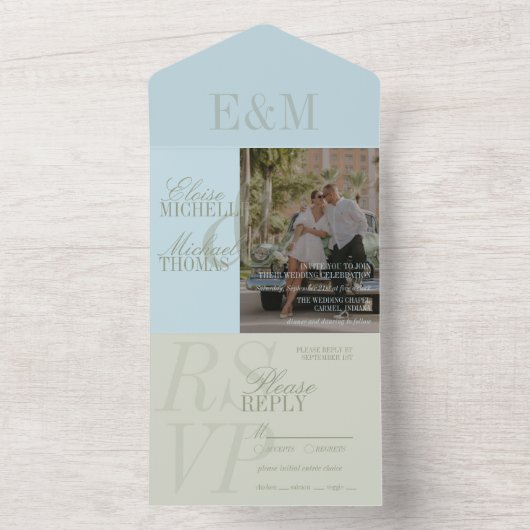 Modern Script Sage Green and Blue Wedding All In One Uitnodiging (Binnen)