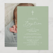 Modern Script Sage Green Baby Foto doop Kaart (Voorkant / Achterkant)