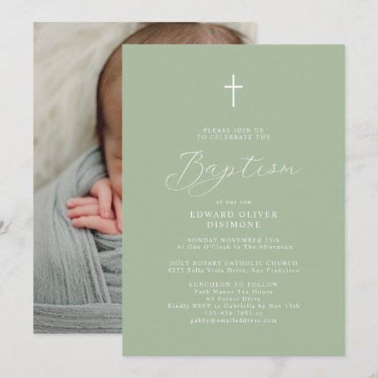 Modern Script Sage Green Baby Foto doop Kaart (Voorkant / Achterkant)