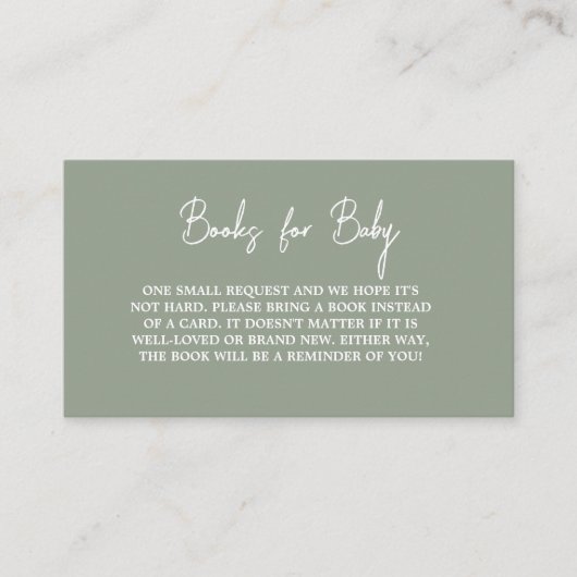 Modern Script Sage Green Baby shower Boek Aanvraag Informatiekaartje (Voorkant)