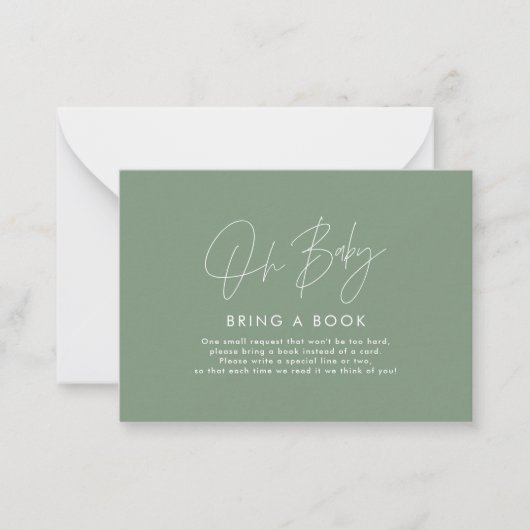 modern script sage green baby shower brengt boek m notitiekaartje (Voorkant)