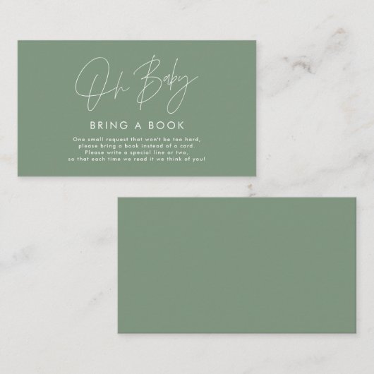 modern script sage green baby shower brengt boek m visitekaartje (Voorkant / Achterkant)