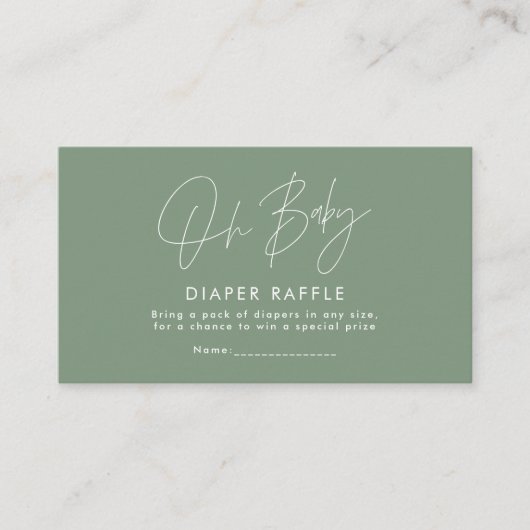 modern script sage green baby shower diaper raffin visitekaartje (Voorkant)