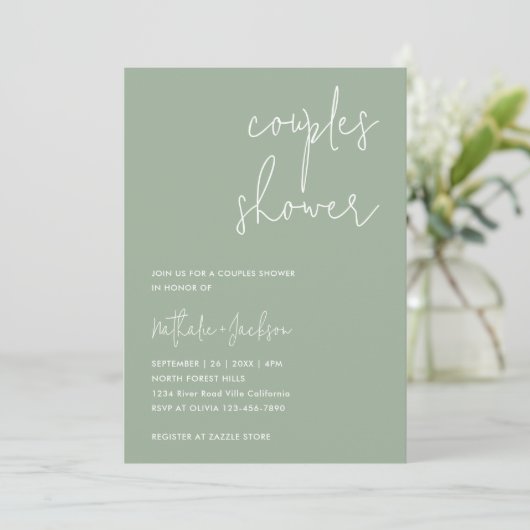 Modern Script Sage Green Couple Vrijgezellenfeest Kaart (Staand voorkant)