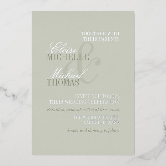 Modern Script Sage Green Formal Wedding Folie Uitnodiging (Voorkant)