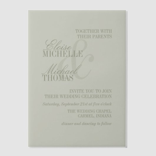 Modern Script Sage Green Formal Wedding Vellum Uitnodigingen (Voorkant)