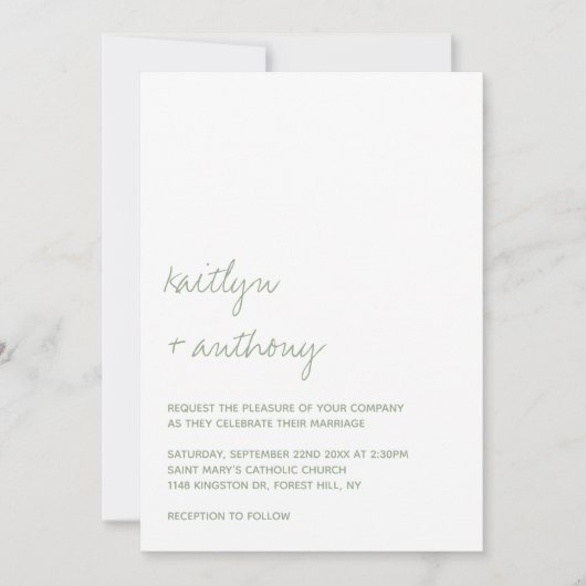 Modern Script Sage Green Minimalistic Wedding Kaart (Voorkant)