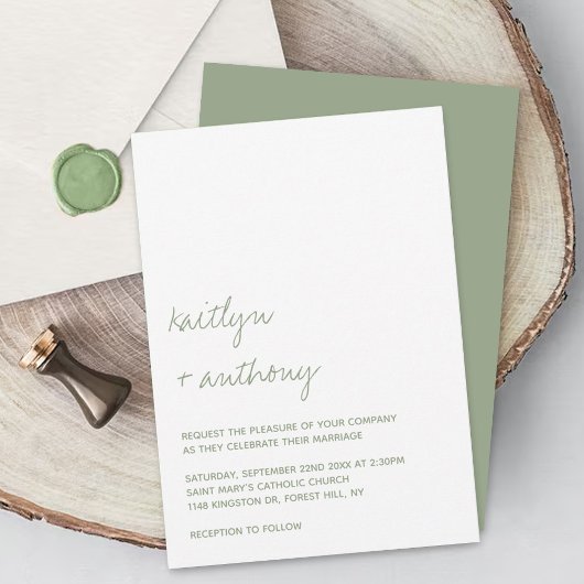Modern Script Sage Green Minimalistic Wedding Kaart