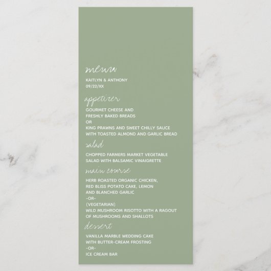 Modern Script Sage Green Minimalistic Wedding Menu (Voorkant)