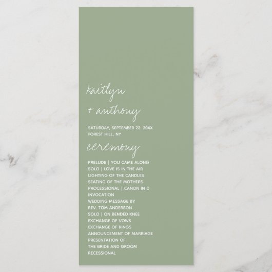 Modern Script Sage Green Minimalistic Wedding Programmakaart (Voorkant)