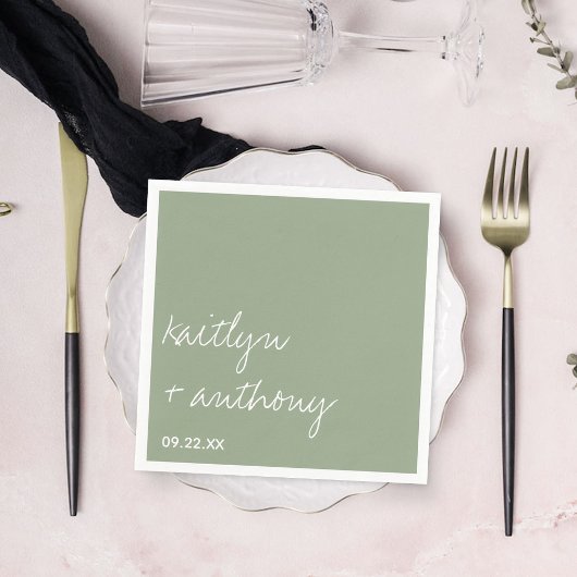 Modern Script Sage Green Minimalistic Wedding Servet