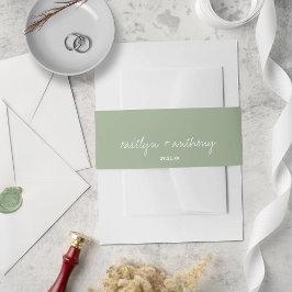 Modern Script Sage Green Minimalistic Wedding Uitnodigingen Wikkel