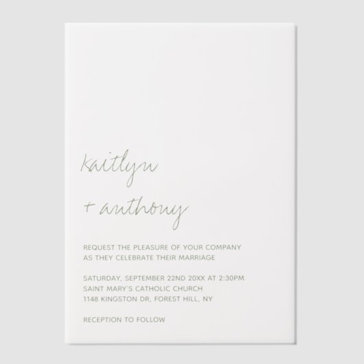 Modern Script Sage Green Minimalistic Wedding Vellum Uitnodigingen (Voorkant)