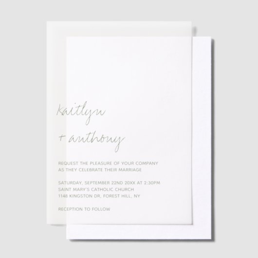 Modern Script Sage Green Minimalistic Wedding Vellum Uitnodigingen (Offset)