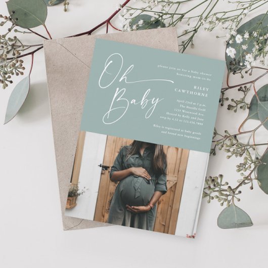 Modern Script Sage Green Photo Baby shower Kaart