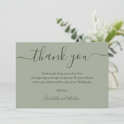 Modern Script Sage Green Wedding Bedankkaart (Staand voorkant)