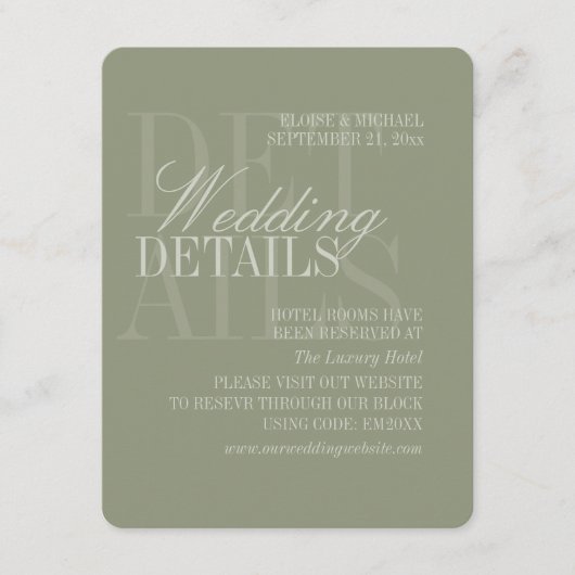 Modern Script Sage Green Wedding Details QR Informatiekaartje (Voorkant)