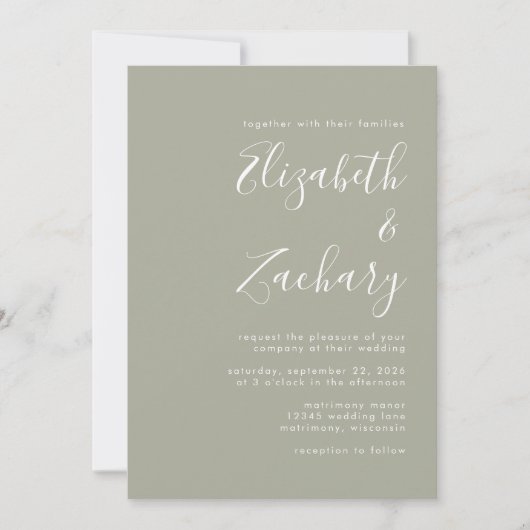 Modern Script Sage Green Wedding Invitation Kaart (Voorkant)