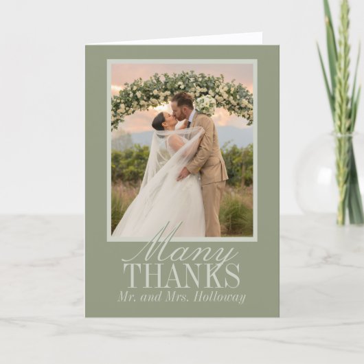 Modern Script Sage Green Wedding Photo Bedankkaart (Voorkant)